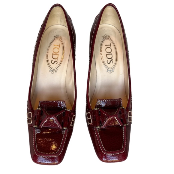 TOD'S Red Patent Leather Top-stitched Pumps Shoes Size 7 - Picture 2 of 7